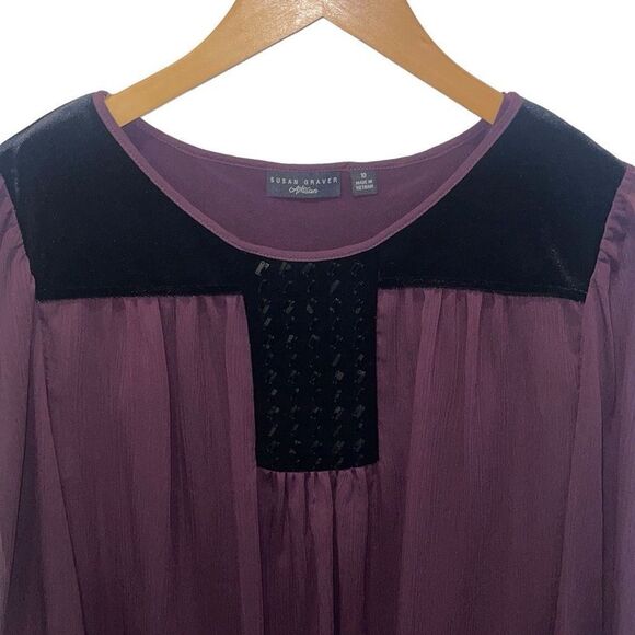 SUSAN GRAVER ARTISAN EMBELLISHED Blouse Plum & Black Long Sleeve EUC Velour Size - Picture 2 of 8